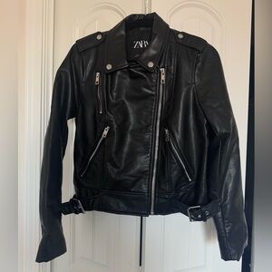 ZARA Black Faux Leather Moto Jacket with Silver Hardware